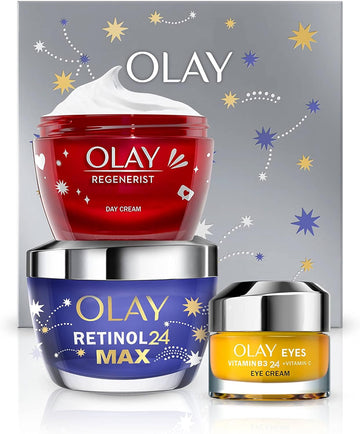 Olay Moisturiser Women's Skin Care Gift Box: Eye Cream 15ml, Retinol 24 MAX 50ml & Regenerist Face Cream 50ml