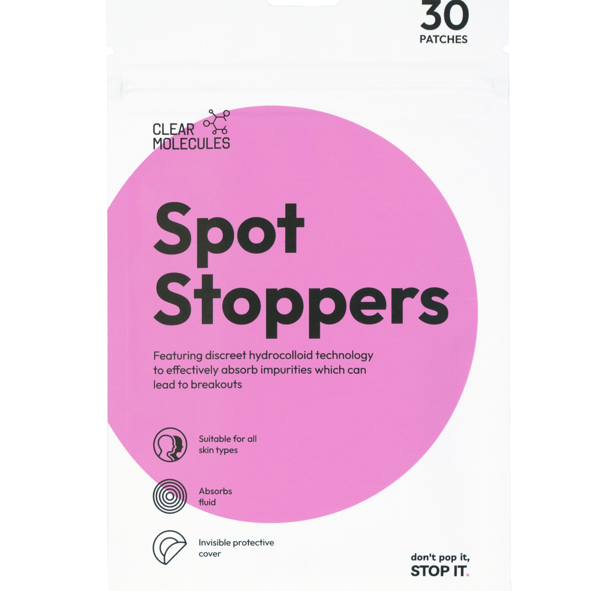 Clear Molecule Spot Stoppers - Hydrocolloid Patches- 12mm Bezelled- Pack of 30