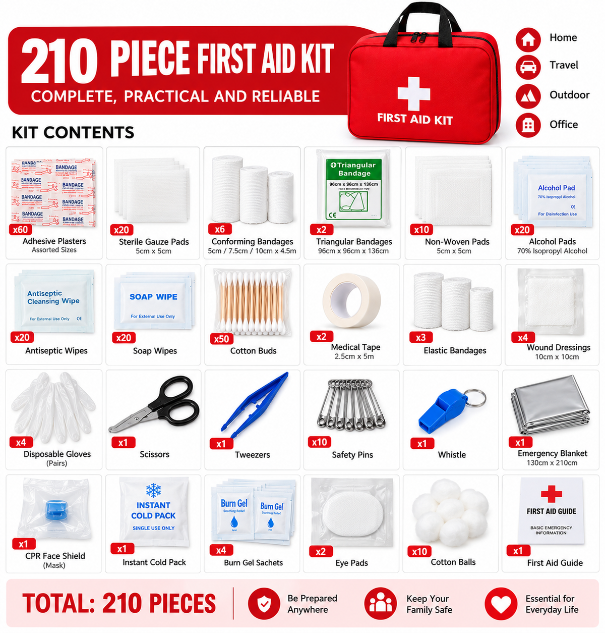 Generise 208pc First Aid Kit - Red