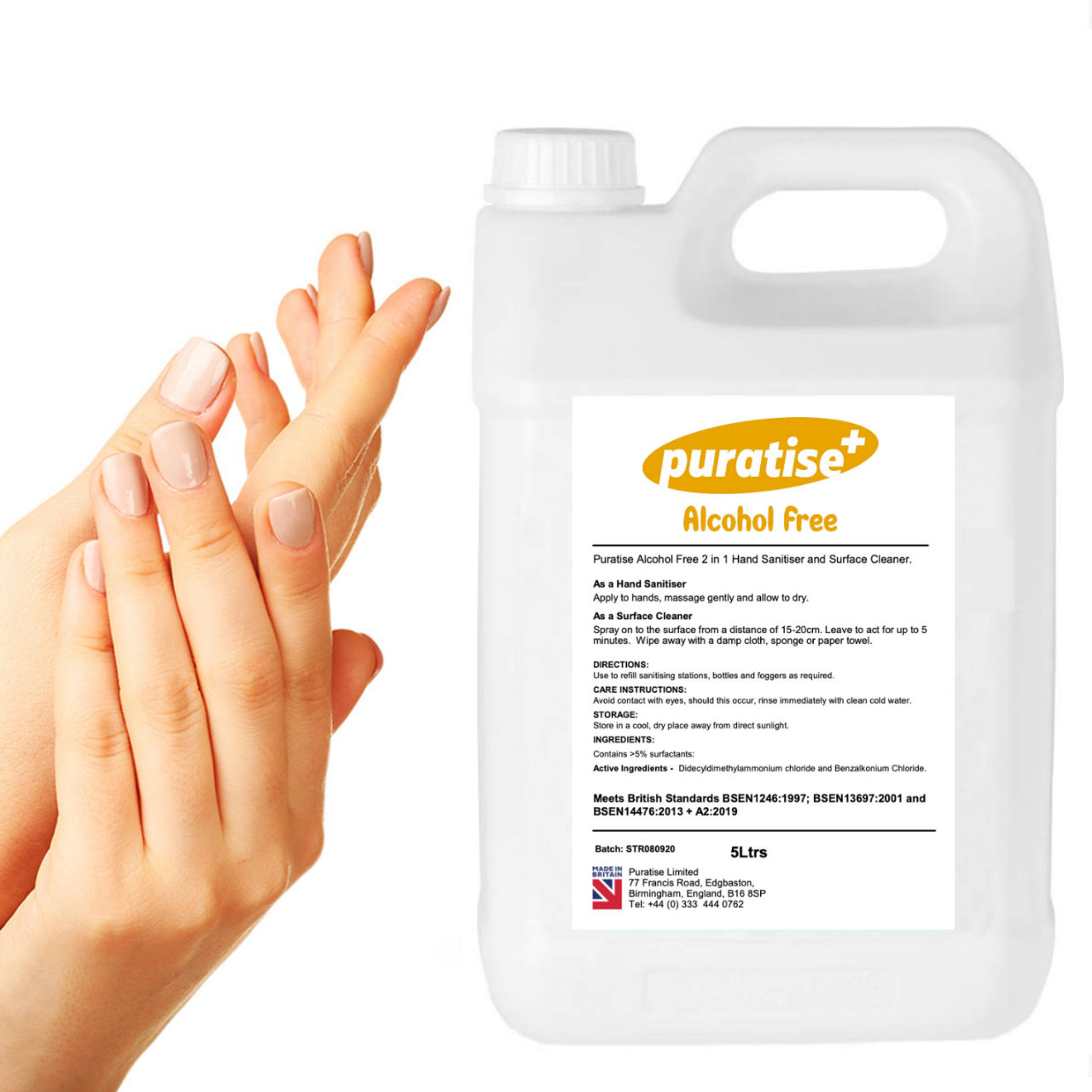 Puratise 5 Litre ALCOHOL FREE 2 in 1 Hand Sanitiser and Surface Cleaner
