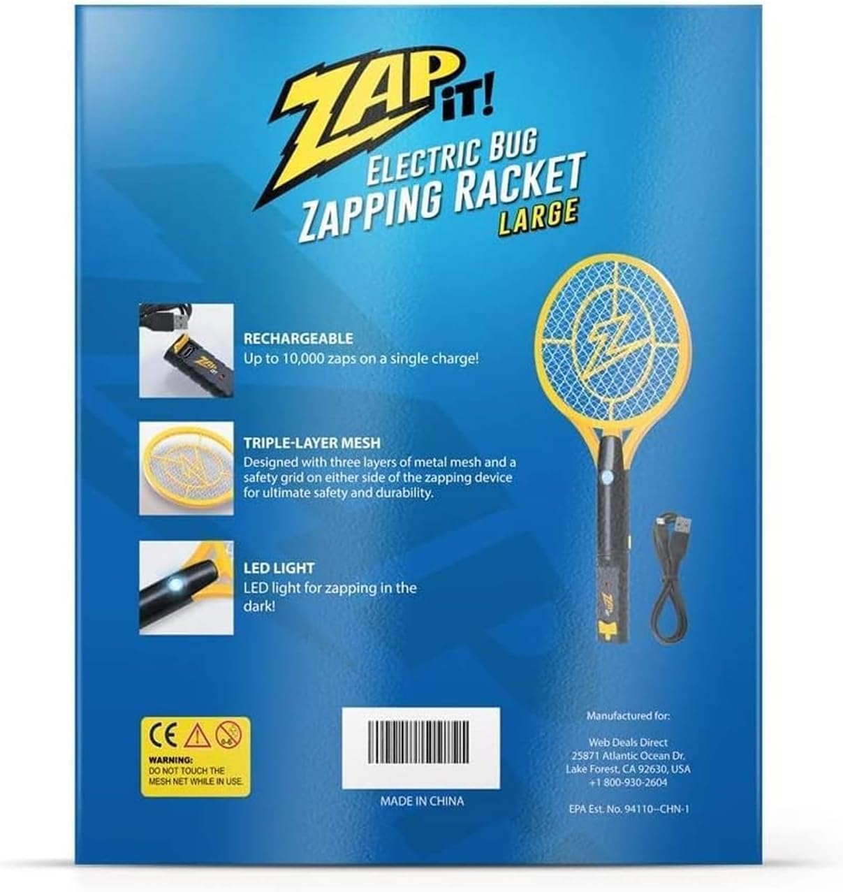 Zap It! Electric Bug Zapping Racket - Large (8.3 INCH DIAMETER: 19 INCH LENGTH)