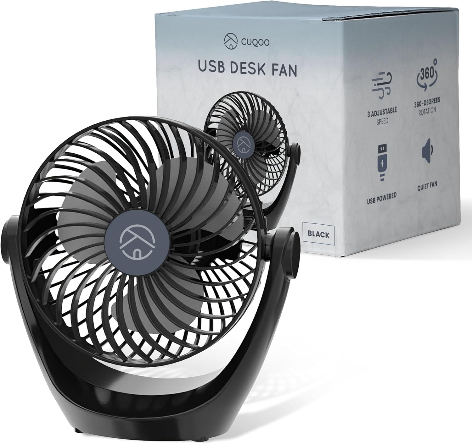 Cuqoo USB Desk Fan – 360° Rotatable USB Powered Portable Small Desktop Fan - Black (AMAZON ASIN B0BW9J89V6)