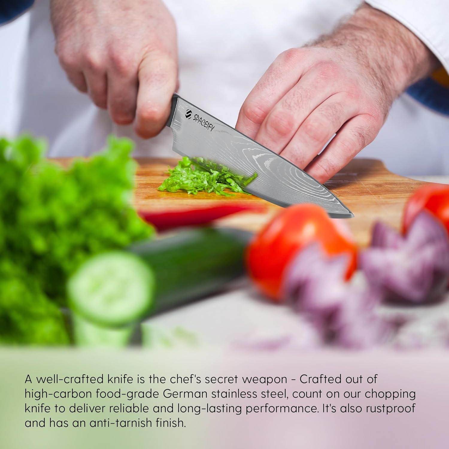 Spaceify 8 Inch Chef Knife - Rustproof Food-Grade German Stainless Steel Blade - Anti-Tarnish Chrome Finish, Ergonomic 5" Pakkawood Handle - Kitchen Knife with Sharpener, Sheath, Gift Box