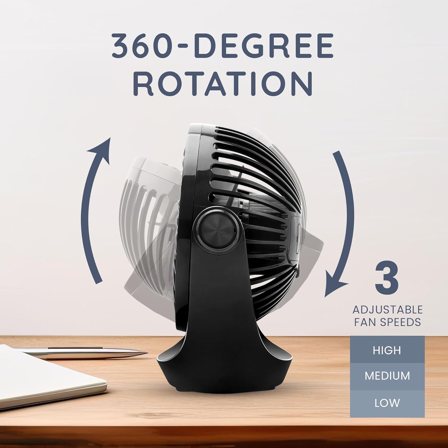 Generise 360° Rotatable USB Desk Fan in Black – Portable, Quiet, 3 Speeds