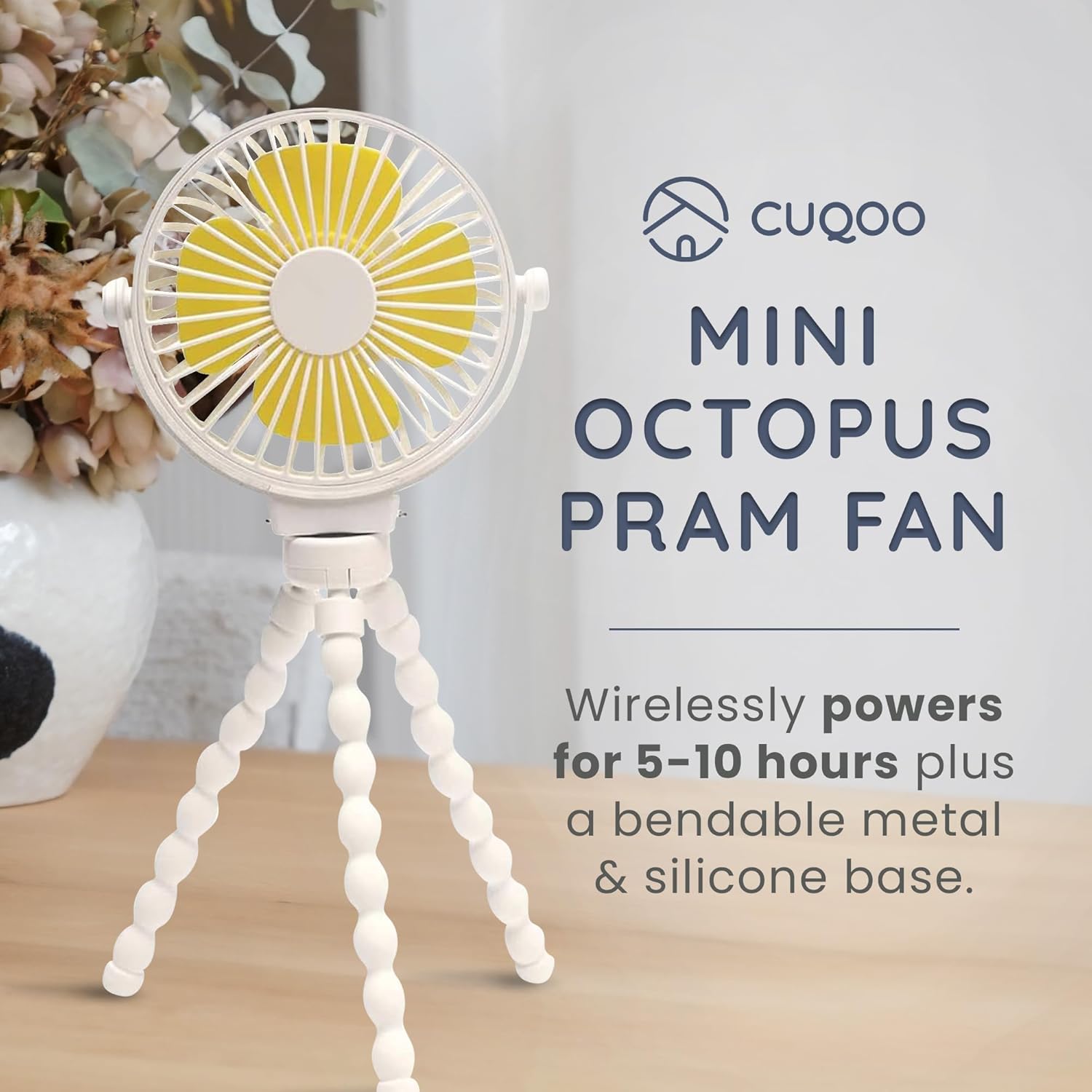 CUQOO Mini Portable Octopus Desk Fan – 4000mAh, White, 3 Speeds