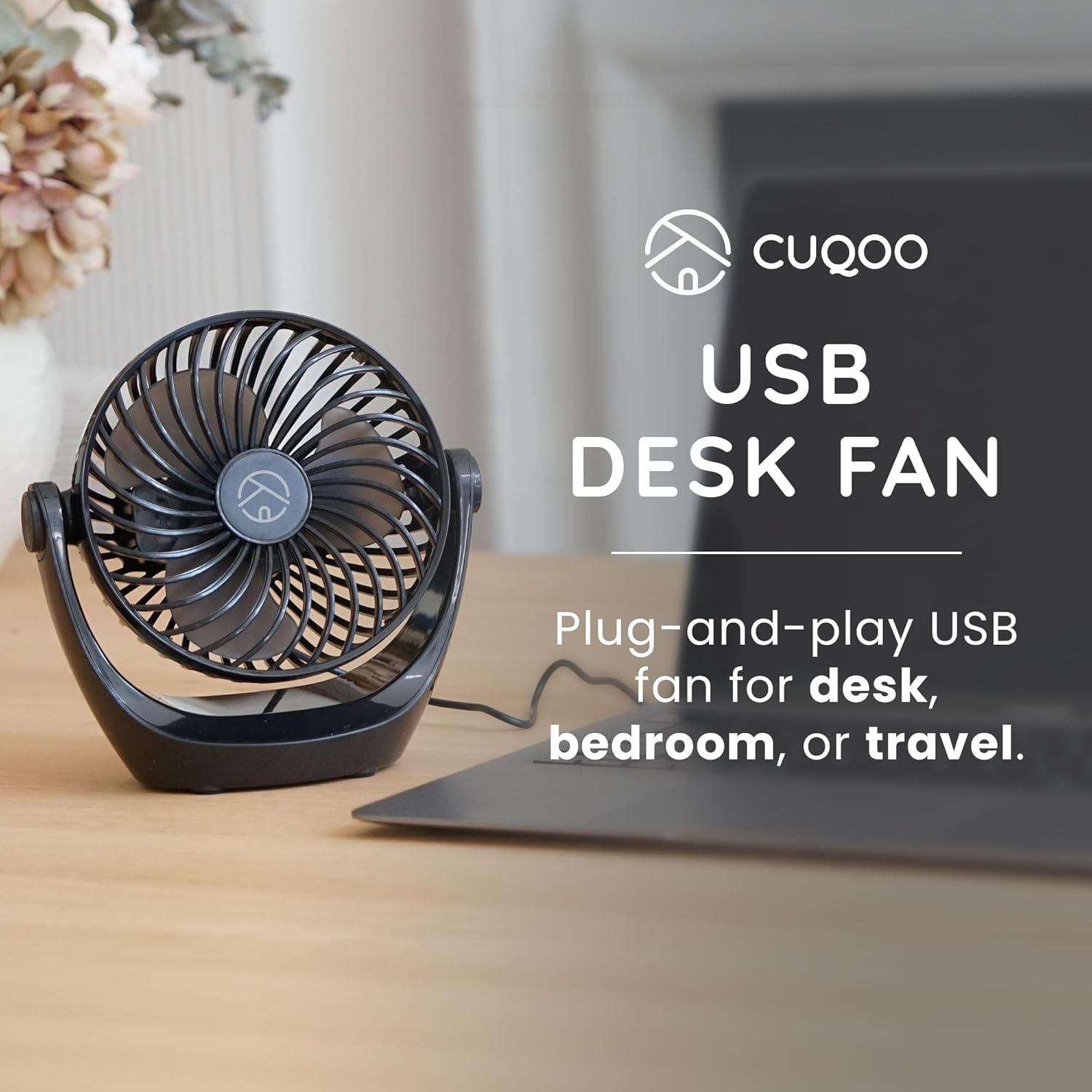 Cuqoo USB Desk Fan – 360° Rotatable USB Powered Portable Small Desktop Fan - Black (AMAZON ASIN B0BW9J89V6)
