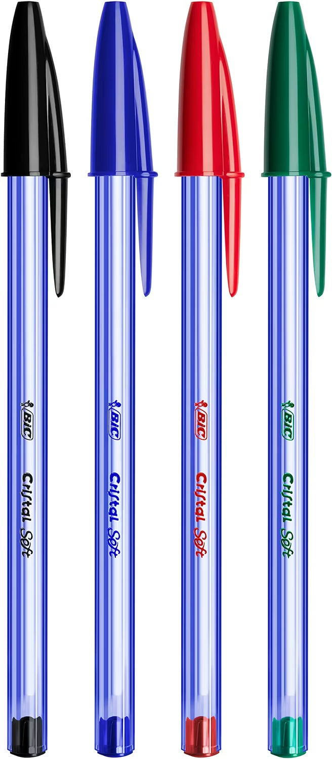 Bic Cristal Soft Ballpoint Pens Medium Tip (1.2 mm) Assorted Colours, Pack of 15 + 5,Black / Blue / Red / Green