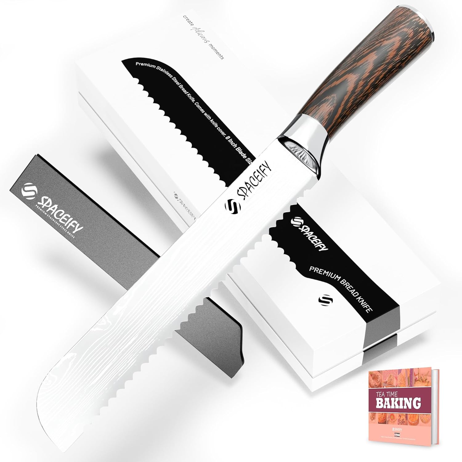 Spaceify 8 inch Serrated Bread Knife, Ultra Sharp High Carbon Stainless Steel with a Knife Protector