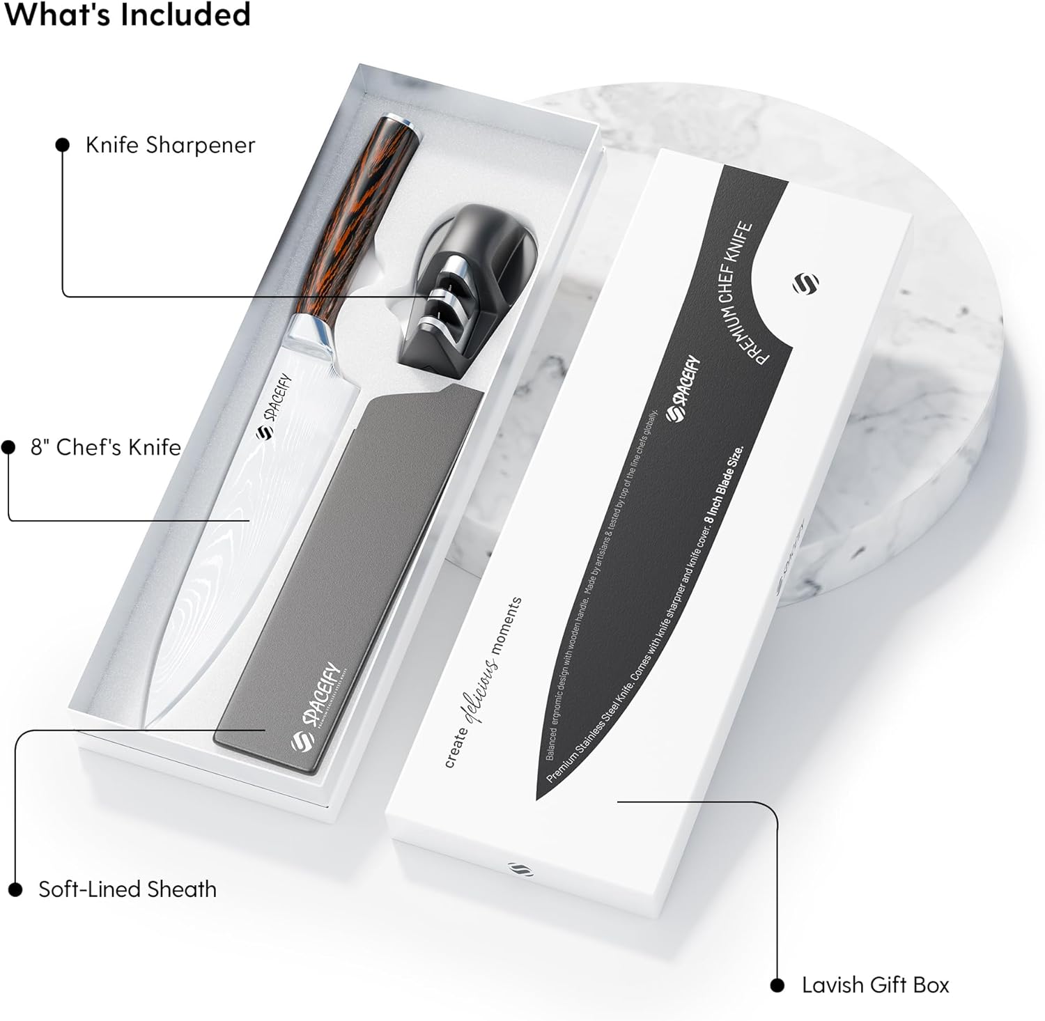 Spaceify 8 Inch Chef Knife - Rustproof Food-Grade German Stainless Steel Blade - Anti-Tarnish Chrome Finish, Ergonomic 5" Pakkawood Handle - Kitchen Knife with Sharpener, Sheath, Gift Box