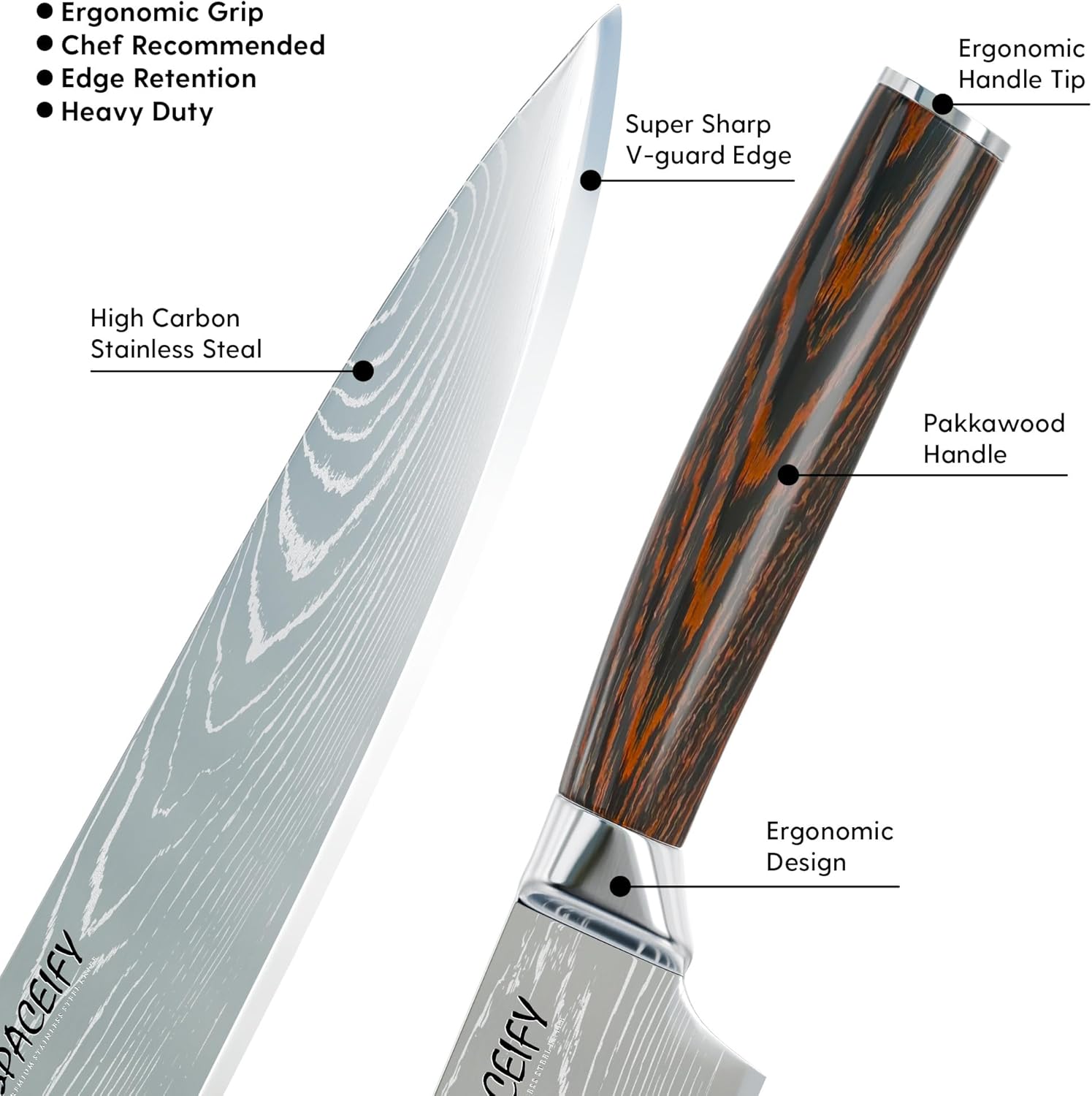 Spaceify 8 Inch Chef Knife - Rustproof Food-Grade German Stainless Steel Blade - Anti-Tarnish Chrome Finish, Ergonomic 5" Pakkawood Handle - Kitchen Knife with Sharpener, Sheath, Gift Box