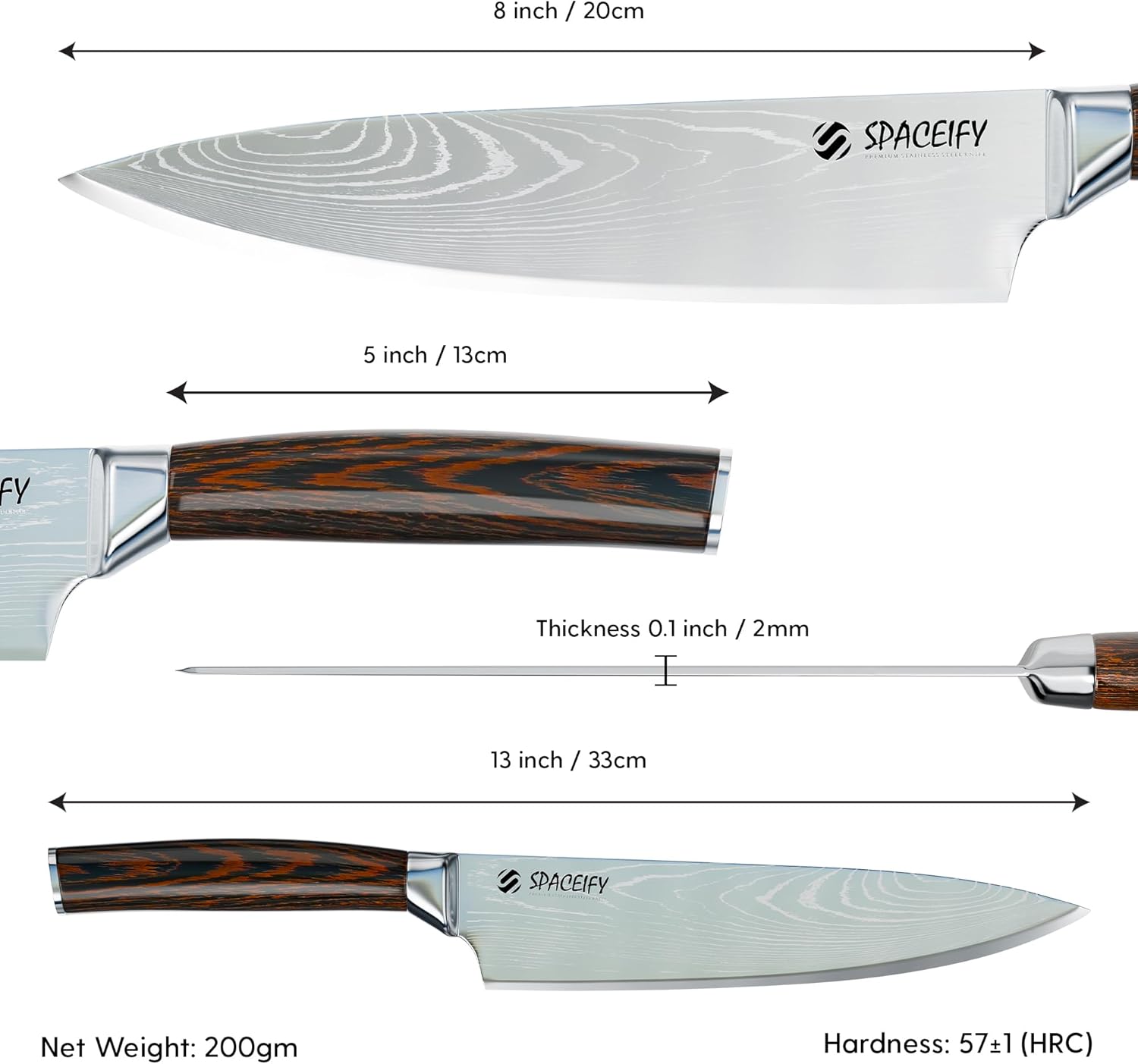 Spaceify 8 Inch Chef Knife - Rustproof Food-Grade German Stainless Steel Blade - Anti-Tarnish Chrome Finish, Ergonomic 5" Pakkawood Handle - Kitchen Knife with Sharpener, Sheath, Gift Box