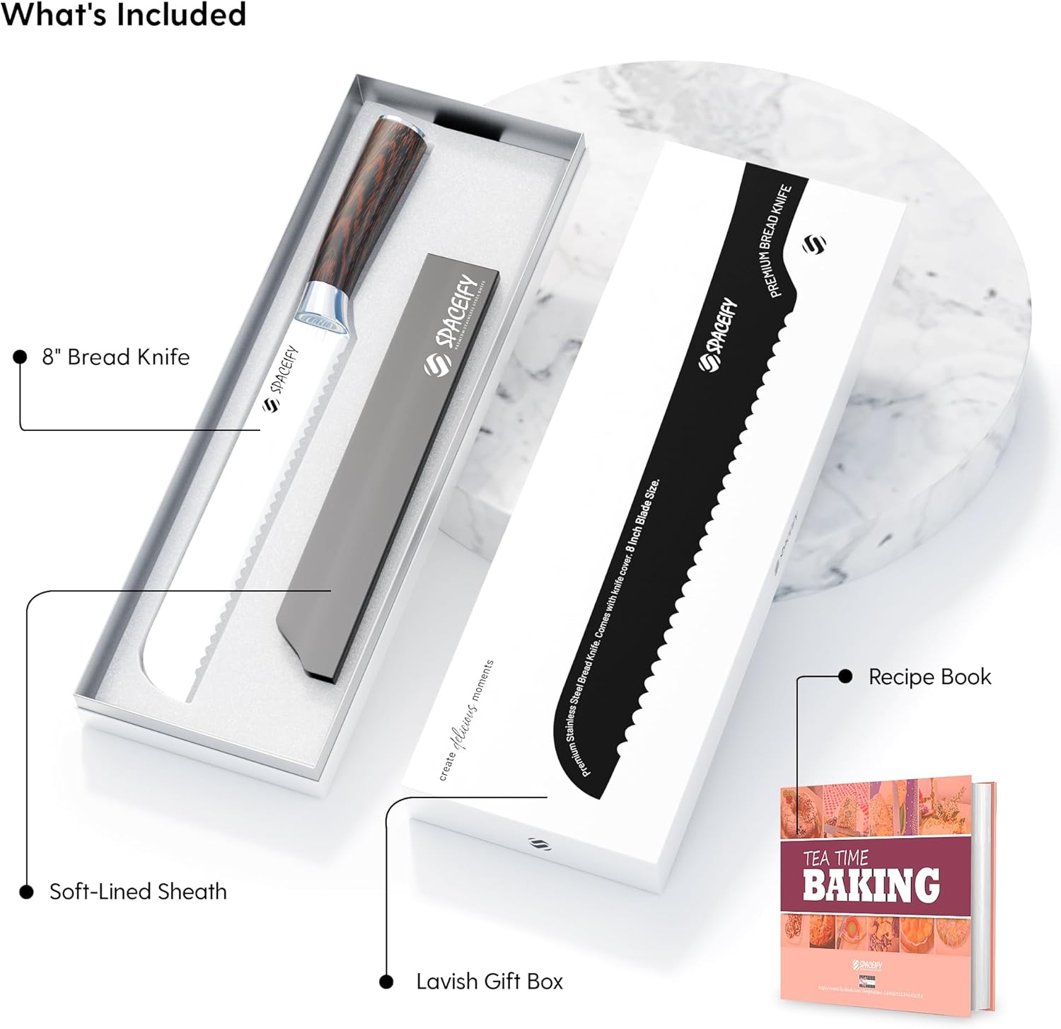 Spaceify 8 inch Serrated Bread Knife, Ultra Sharp High Carbon Stainless Steel with a Knife Protector