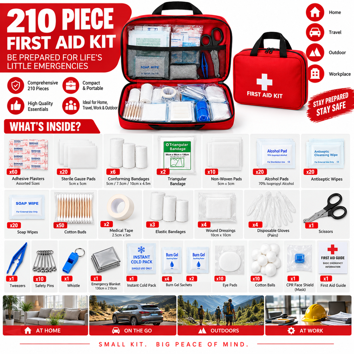 Generise 208pc First Aid Kit - Red