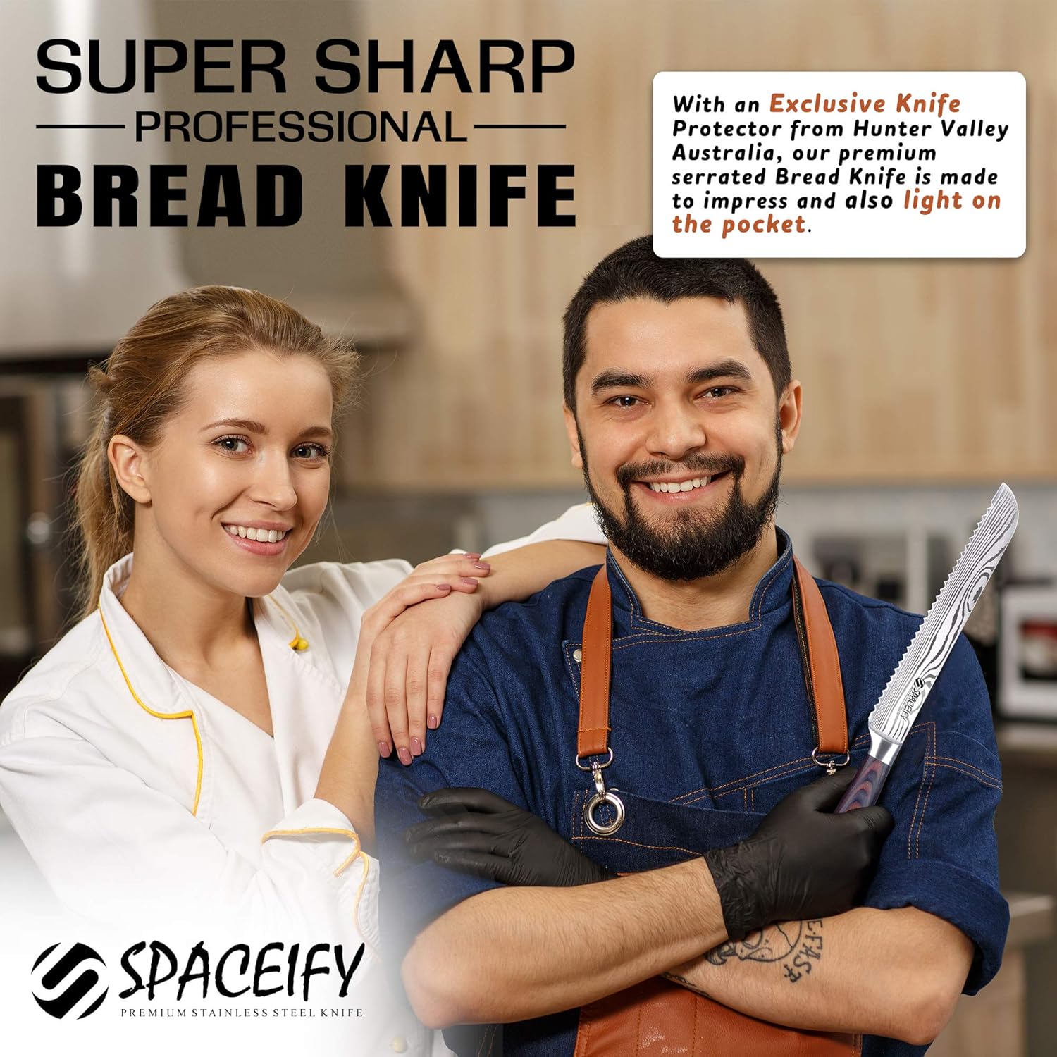 Spaceify 8 inch Serrated Bread Knife, Ultra Sharp High Carbon Stainless Steel with a Knife Protector