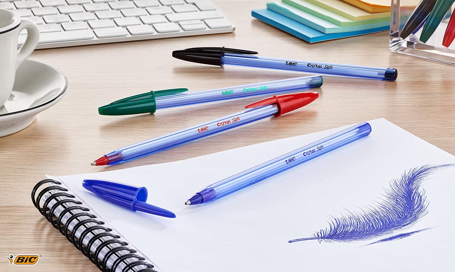 Bic Cristal Soft Ballpoint Pens Medium Tip (1.2 mm) Assorted Colours, Pack of 15 + 5,Black / Blue / Red / Green