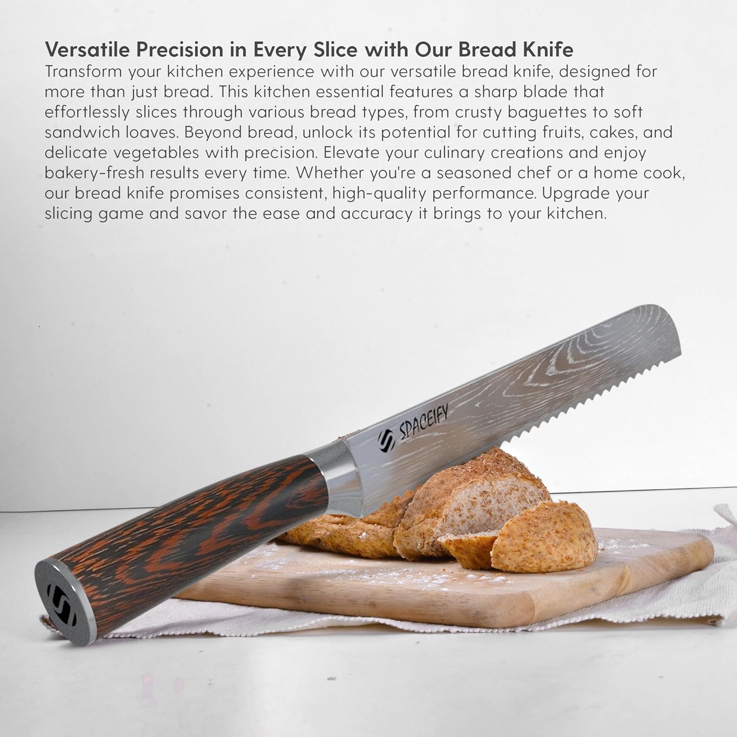 Spaceify 8 inch Serrated Bread Knife, Ultra Sharp High Carbon Stainless Steel with a Knife Protector