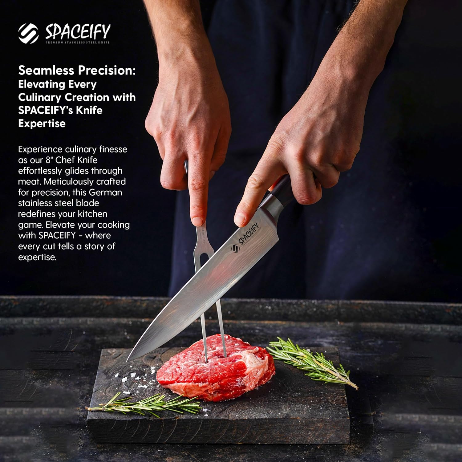 Spaceify 8 Inch Chef Knife - Rustproof Food-Grade German Stainless Steel Blade - Anti-Tarnish Chrome Finish, Ergonomic 5" Pakkawood Handle - Kitchen Knife with Sharpener, Sheath, Gift Box
