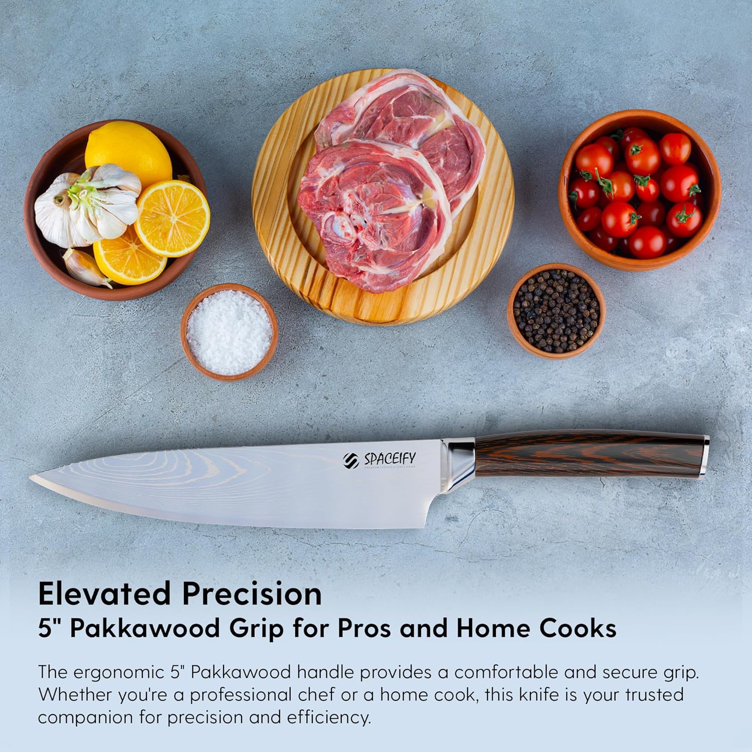 Spaceify 8 Inch Chef Knife - Rustproof Food-Grade German Stainless Steel Blade - Anti-Tarnish Chrome Finish, Ergonomic 5" Pakkawood Handle - Kitchen Knife with Sharpener, Sheath, Gift Box