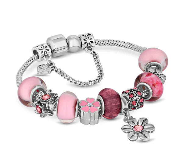 Diamond Style London - Charm Bracelet with Light Pink Charms (Item code: Charmbralpink)