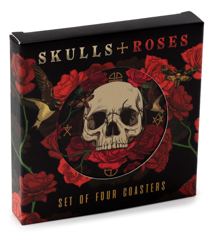 Puckator Skulls and Roses Set of 4 Cork Coasters - Table Pub Drink Coasters Tiles Placemats - Bar Accessories For Home - Desk Coaster Tile Slate - Dining Table Decor Drinks Mats Man Cave Accessories