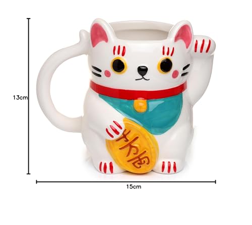 Puckator White Maneki Neko Lucky Cat Ceramic Shaped Tea Coffee Mug - Funny Home Accessories - Cute Gifts for Girlfriend - Large Mugs for Men Women Hot Drinks Cups Presents Secret Santa Gift Cup Set