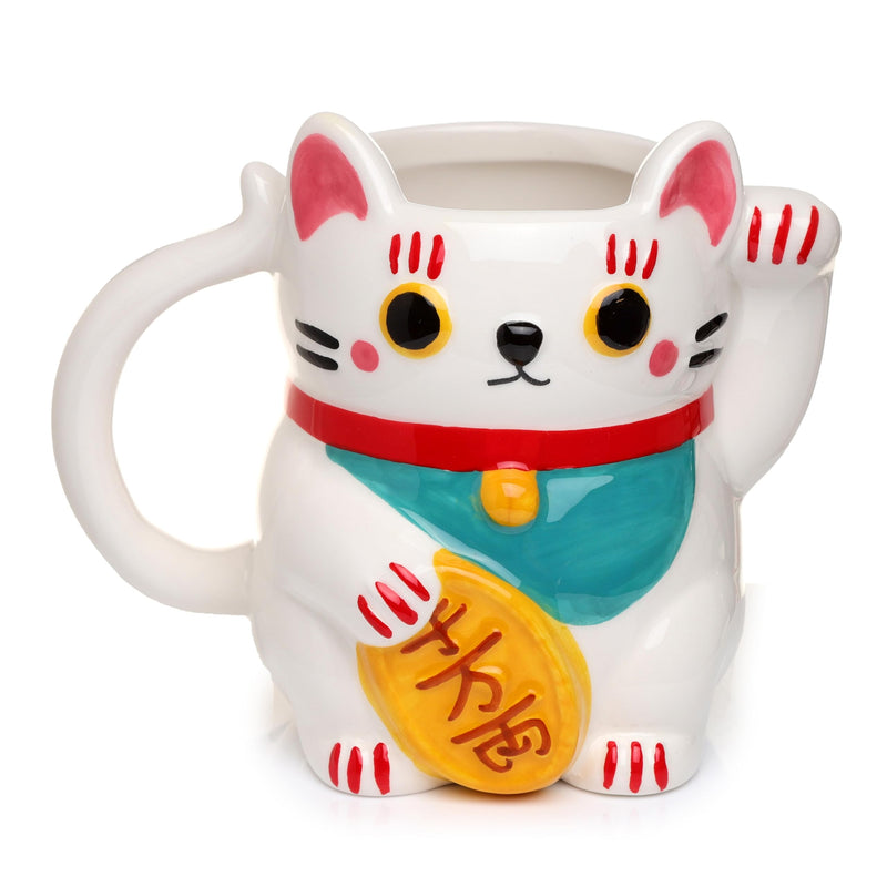 Puckator White Maneki Neko Lucky Cat Ceramic Shaped Tea Coffee Mug - Funny Home Accessories - Cute Gifts for Girlfriend - Large Mugs for Men Women Hot Drinks Cups Presents Secret Santa Gift Cup Set