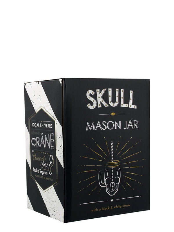 Puckator Skull Design Drinking Glass Jar with Reusable Straw and Metal Lid - Clear/Black/White/Metallic/Gold
