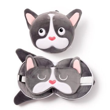 Relaxeazzz French Bulldog Round Plush Travel Pillow & Eye Mask - Sleep Eye Mask Masks - Kids Travel Accessories For Sleeping Airplane - Flight Plane Neck Pillow Pillows