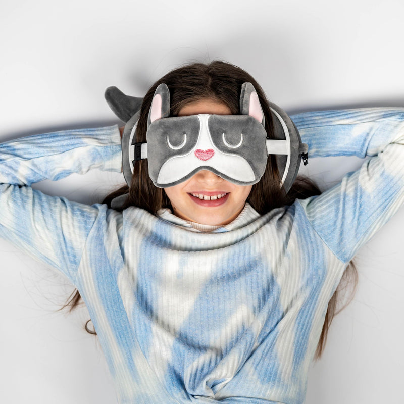 Relaxeazzz French Bulldog Round Plush Travel Pillow & Eye Mask - Sleep Eye Mask Masks - Kids Travel Accessories For Sleeping Airplane - Flight Plane Neck Pillow Pillows