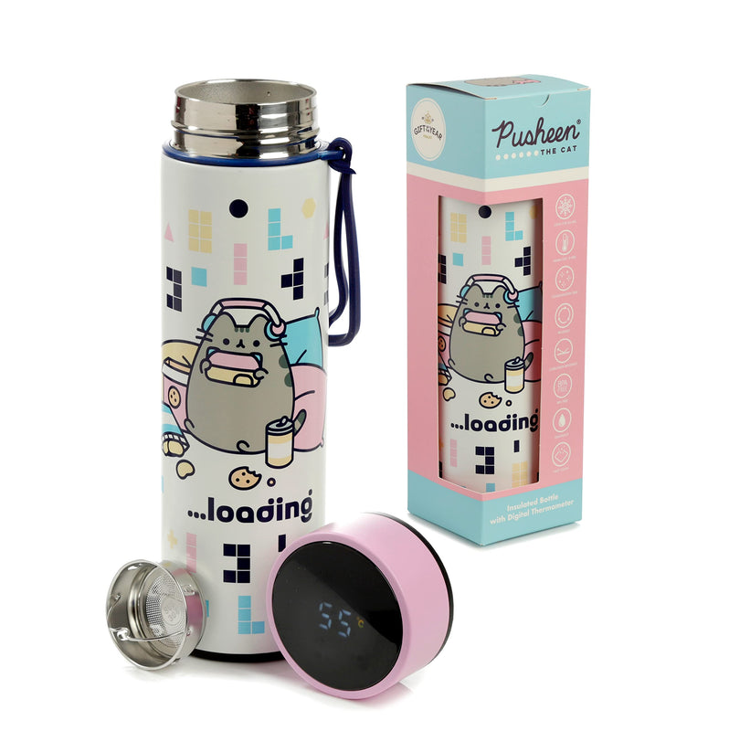 Puckator Pusheen - Stainless Steel Water Bottle with Led Temperature Display - Cold for 24h and Hot for 6h - Metal Water Bottles with Cat Gaming - Modern Thermos Flask - Bpa Free - 450 ml