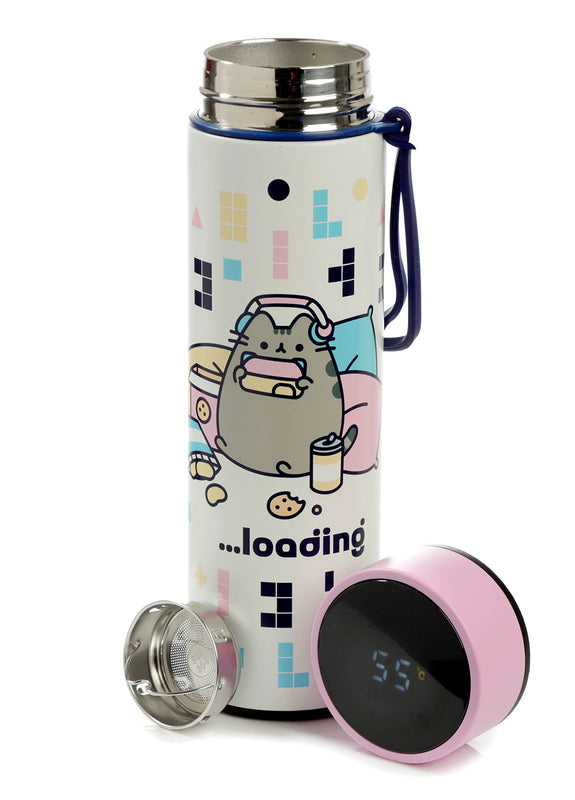 Puckator Pusheen - Stainless Steel Water Bottle with Led Temperature Display - Cold for 24h and Hot for 6h - Metal Water Bottles with Cat Gaming - Modern Thermos Flask - Bpa Free - 450 ml