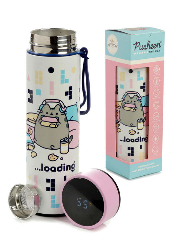 Puckator Pusheen - Stainless Steel Water Bottle with Led Temperature Display - Cold for 24h and Hot for 6h - Metal Water Bottles with Cat Gaming - Modern Thermos Flask - Bpa Free - 450 ml