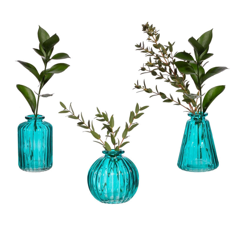Sass & Belle Turquoise Glass Bud Vases Set - Small Glass Vases for Flowers, Vintage Table Decor for Home, Elegant Flower Vase Set, Mini Table Decorations