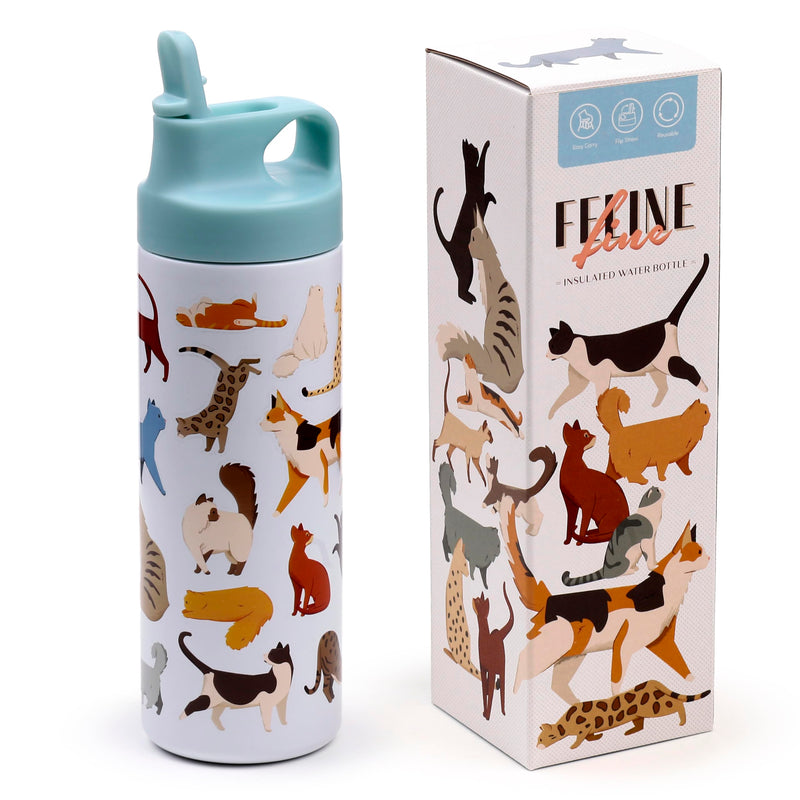 Puckator Feline Fine Cats Hot & Cold Flip Top Drinks Bottle 500ml - Stainless Steel Metal Insulated Water Bottles - Thermos Flask for Kids Girls Adults Mens Boys Drink Hot and Cold Water Bottle