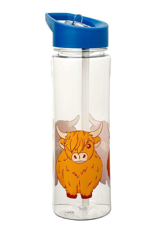 Puckator Highland Coo Cow - Kids Drinks Bottle With Flip Straw - Reusable Water Bottle For Girls And Boys With A Carry Handle - Bpa Free - For School Nursery - Cute Cow Design - Pp 550ml