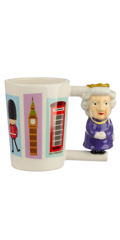 Puckator London Souvenir Queen Ceramic Shaped Handle Tea Coffee Mug - Funny Home Accessories - Cute Gifts for Girlfriend - Large Mugs for Men Women Hot Drinks - Cups Presents - Secret Santa Gift