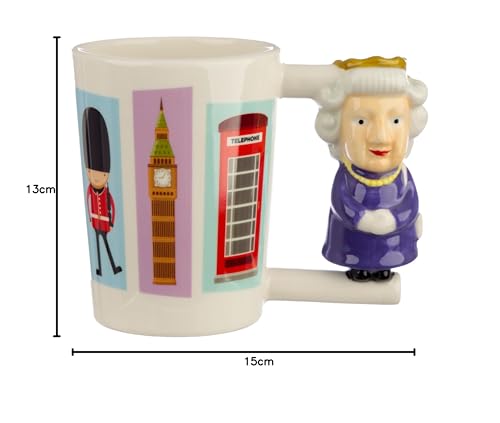 Puckator London Souvenir Queen Ceramic Shaped Handle Tea Coffee Mug - Funny Home Accessories - Cute Gifts for Girlfriend - Large Mugs for Men Women Hot Drinks - Cups Presents - Secret Santa Gift