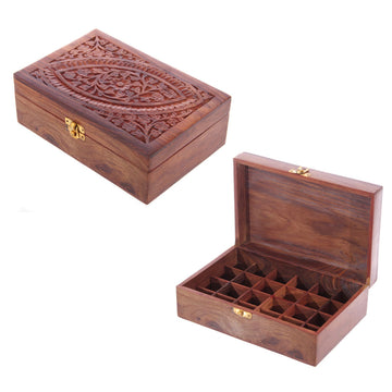 Puckator Sheesham Wood Essential Oil Box Design 1 (Holds 24 Bottles) - Pretty Wood Storage Box Boxes For Diffuser Pure Essential Oil Nail Polish Aromatherapy - Indian Home Decor