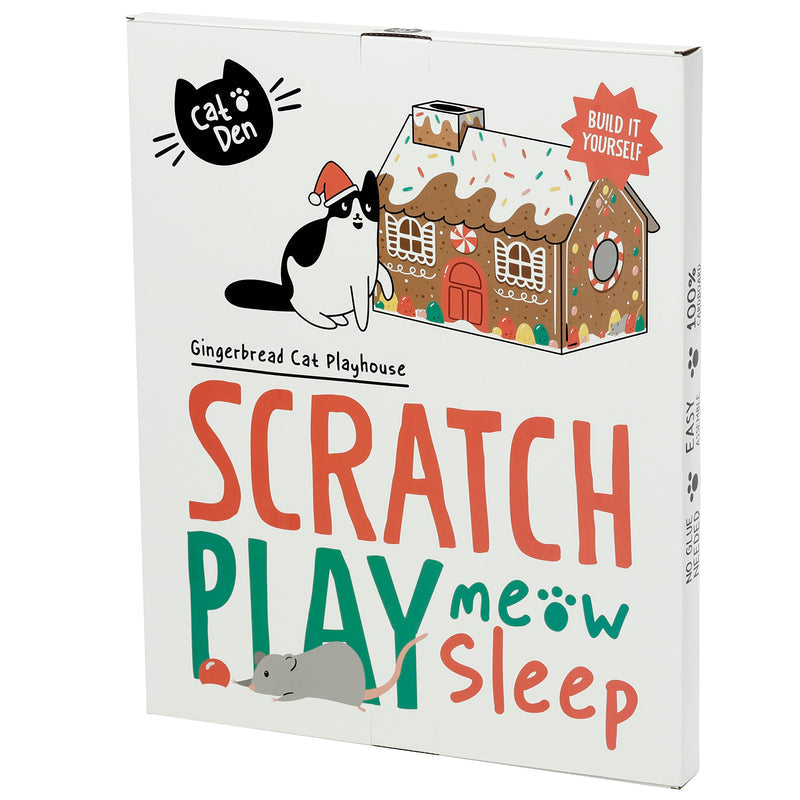 Puckator Christmas Gingerbread Lane Cat Playhouse Build it Yourself Cardboard Cat Den Tree Tower - Scratch Post - Cats Play Shelter House - Kitten Den Beds For Indoor - Accessories - Bed Cave Kennel