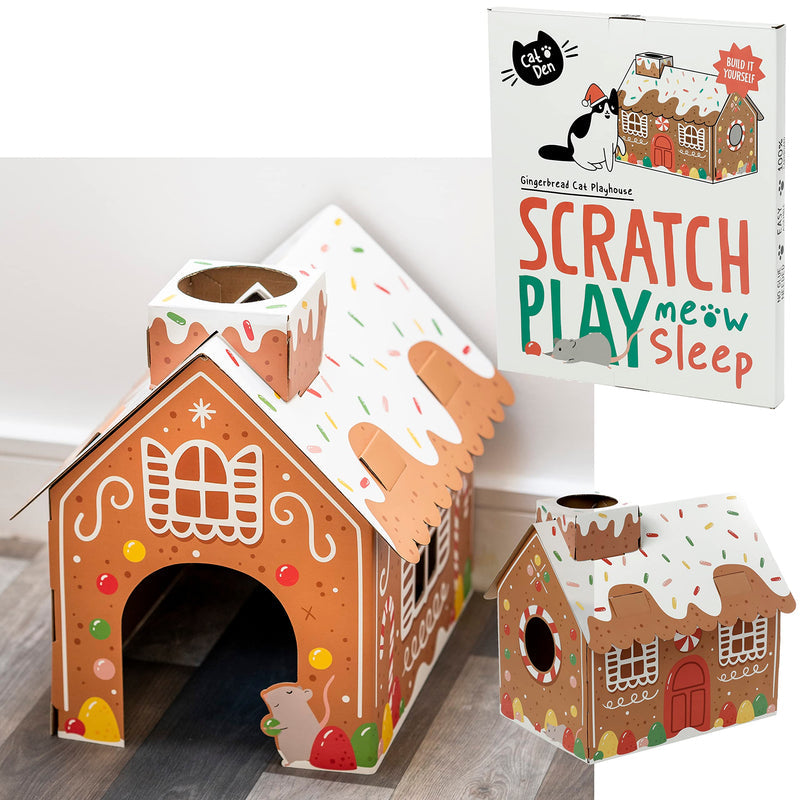 Puckator Christmas Gingerbread Lane Cat Playhouse Build it Yourself Cardboard Cat Den Tree Tower - Scratch Post - Cats Play Shelter House - Kitten Den Beds For Indoor - Accessories - Bed Cave Kennel