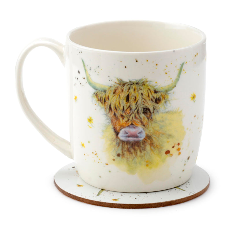 Puckator Jan Pashley Highland Coo Cow Porcelain Tea Coffee Mug & Coaster Set - Funny Home Accessories Cute Gifts for Girlfriend Large Mugs for Men Women Hot Drinks Cups Presents Secret Santa Gift