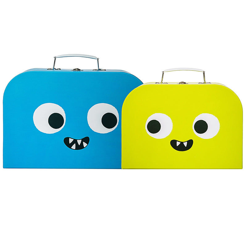 Sass & Belle Monster Suitcases – Set of 2 Colourful Kids Storage Boxes with Fun Monster Design, Stackable Cardboard Suitcases with Handles for Toys, Crafts, Travel or Bedroom Organisation