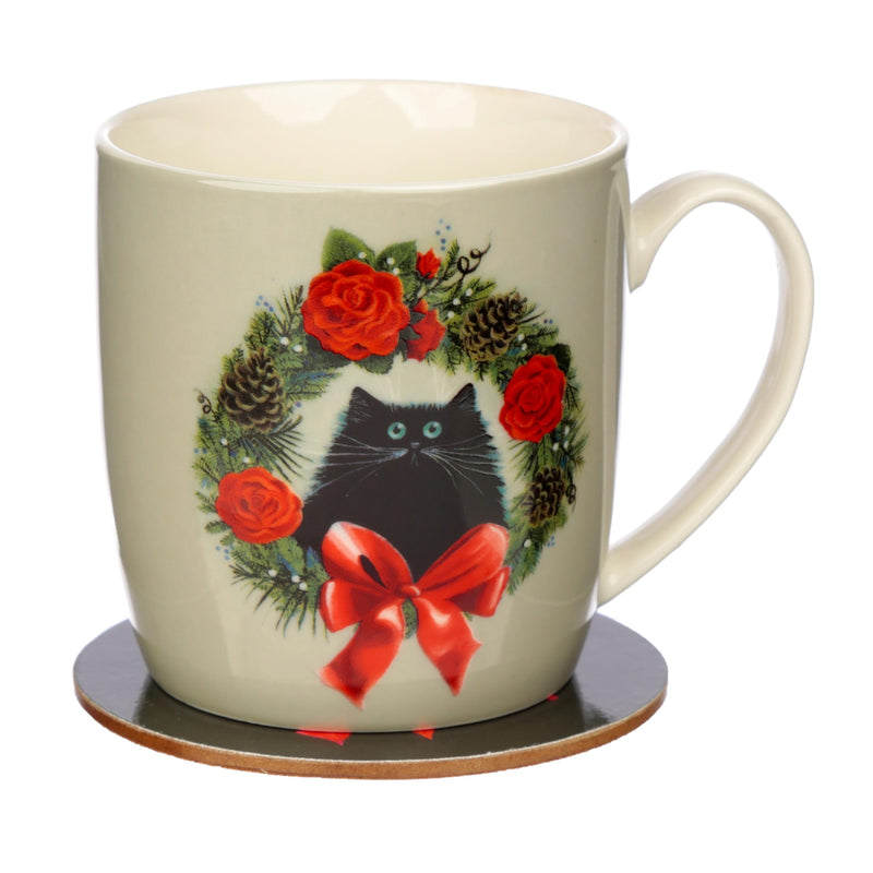 Puckator Kim Haskins Christmas Wreath Cat Porcelain Tea Coffee Mug & Coaster Set Funny Home Accessories Cute Gifts for Girlfriend Large Mugs Men Women Hot Drinks Cups Presents Secret Santa Gift