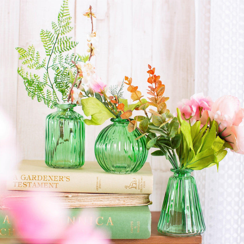 Sass & Belle Green Glass Bud Vases - Set Of 3 - Glass Vases for Table Decoration, Mini Flower Vase for Home, Table Decor, Sass and Belle Decorative Design, Green Vase