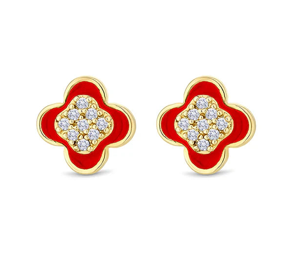 Diamond Style London - Clover earrings in yellow gold plating with red enamel