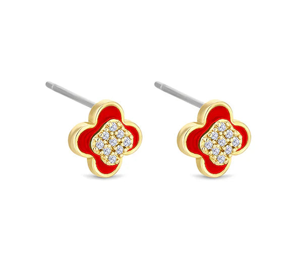 Diamond Style London - Clover earrings in yellow gold plating with red enamel