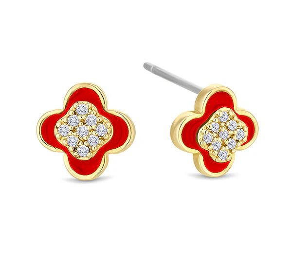Diamond Style London - Clover earrings in yellow gold plating with red enamel