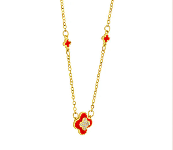 Diamond Style London - Clover Necklace in Gold Plating and Red Enamel (Item code: Cloverneckredgold)