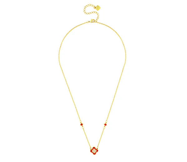 Diamond Style London - Clover Necklace in Gold Plating and Red Enamel (Item code: Cloverneckredgold)