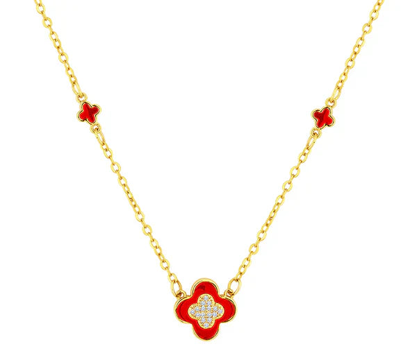Diamond Style London - Clover Necklace in Gold Plating and Red Enamel (Item code: Cloverneckredgold)